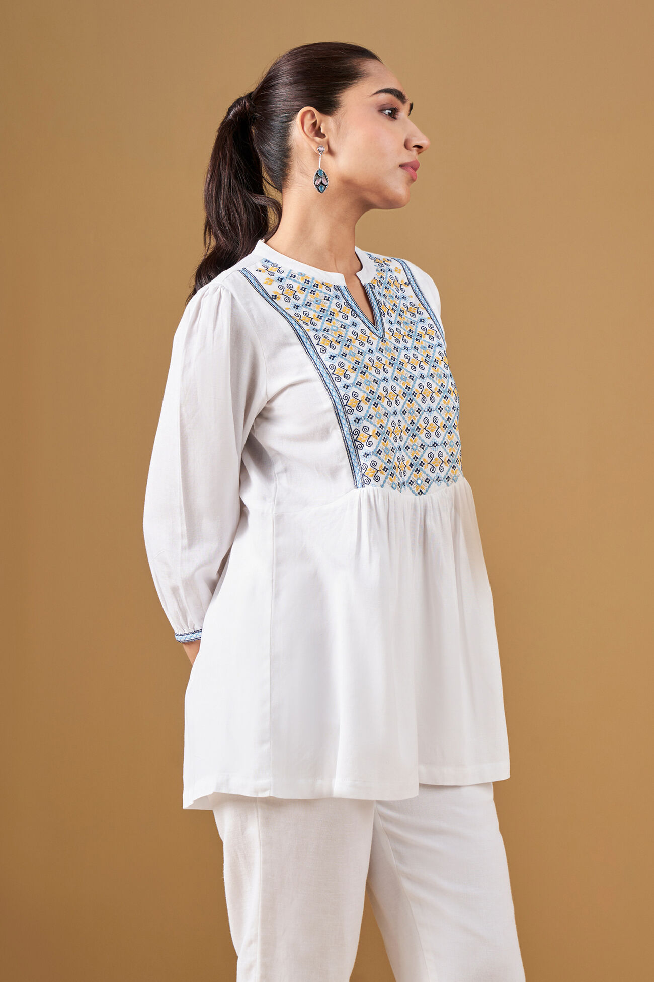 Geometric Embroidery Casual Top, White, image 3